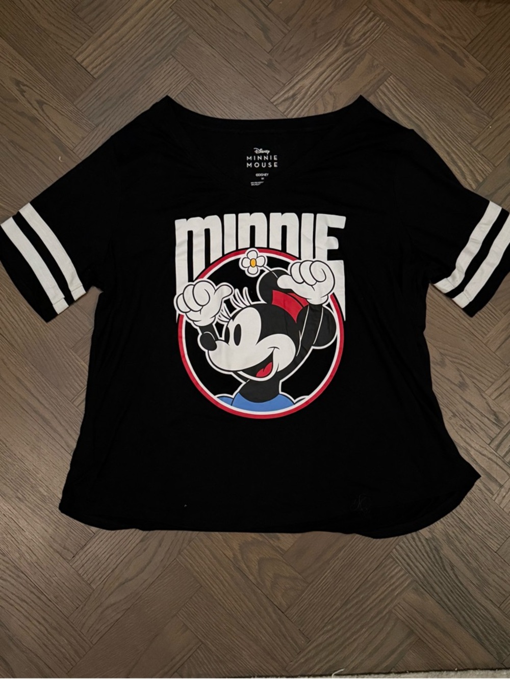NWOT | Disney Minnie Mouse Graphic Tee | Black V-Neck Striped Sleeve | Size 3X